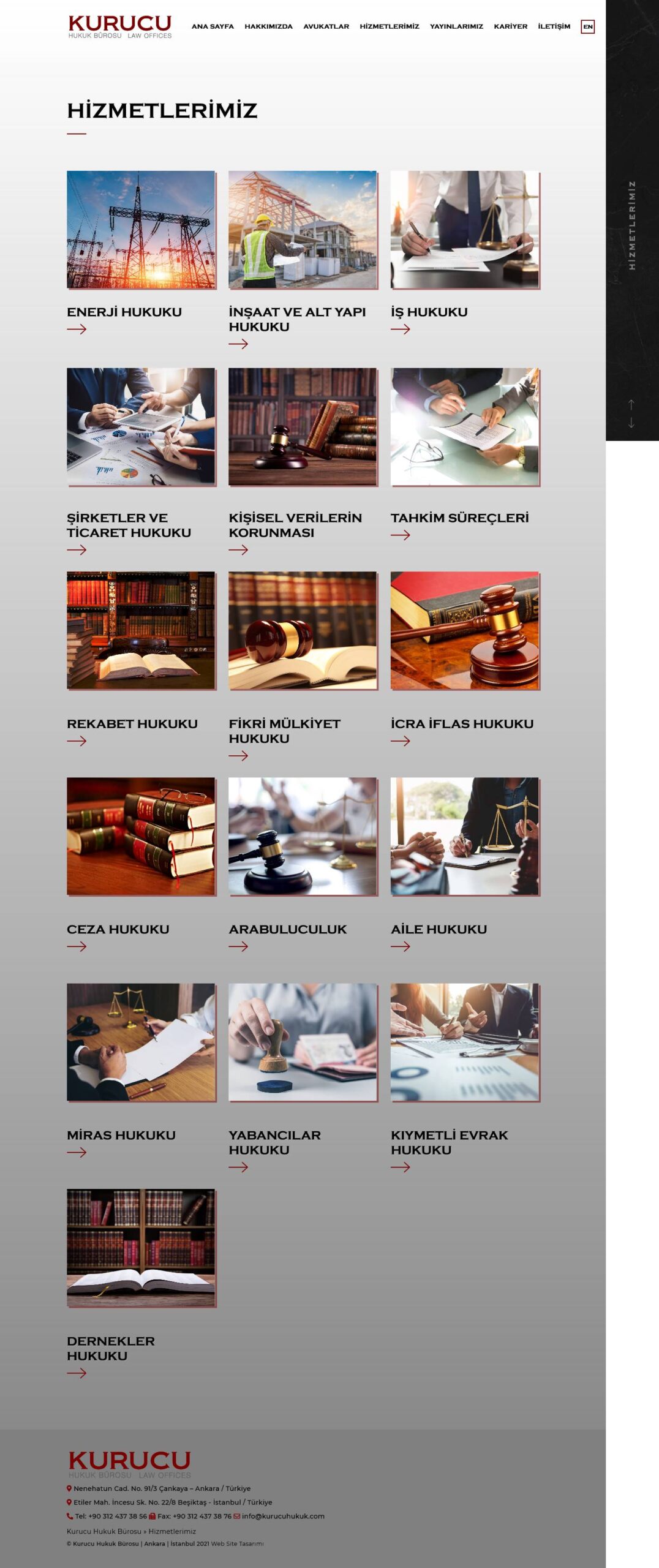 Kurucu Hukuk web sitesi hizmetler sayfası tasarımı