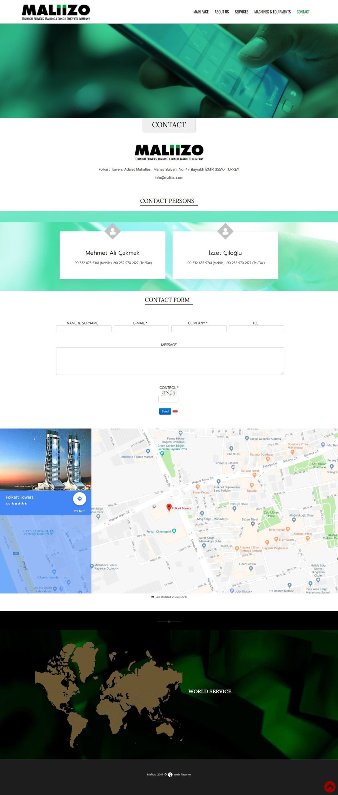 Maliizo Servis web sitesi iletişim sayfası tasarımı