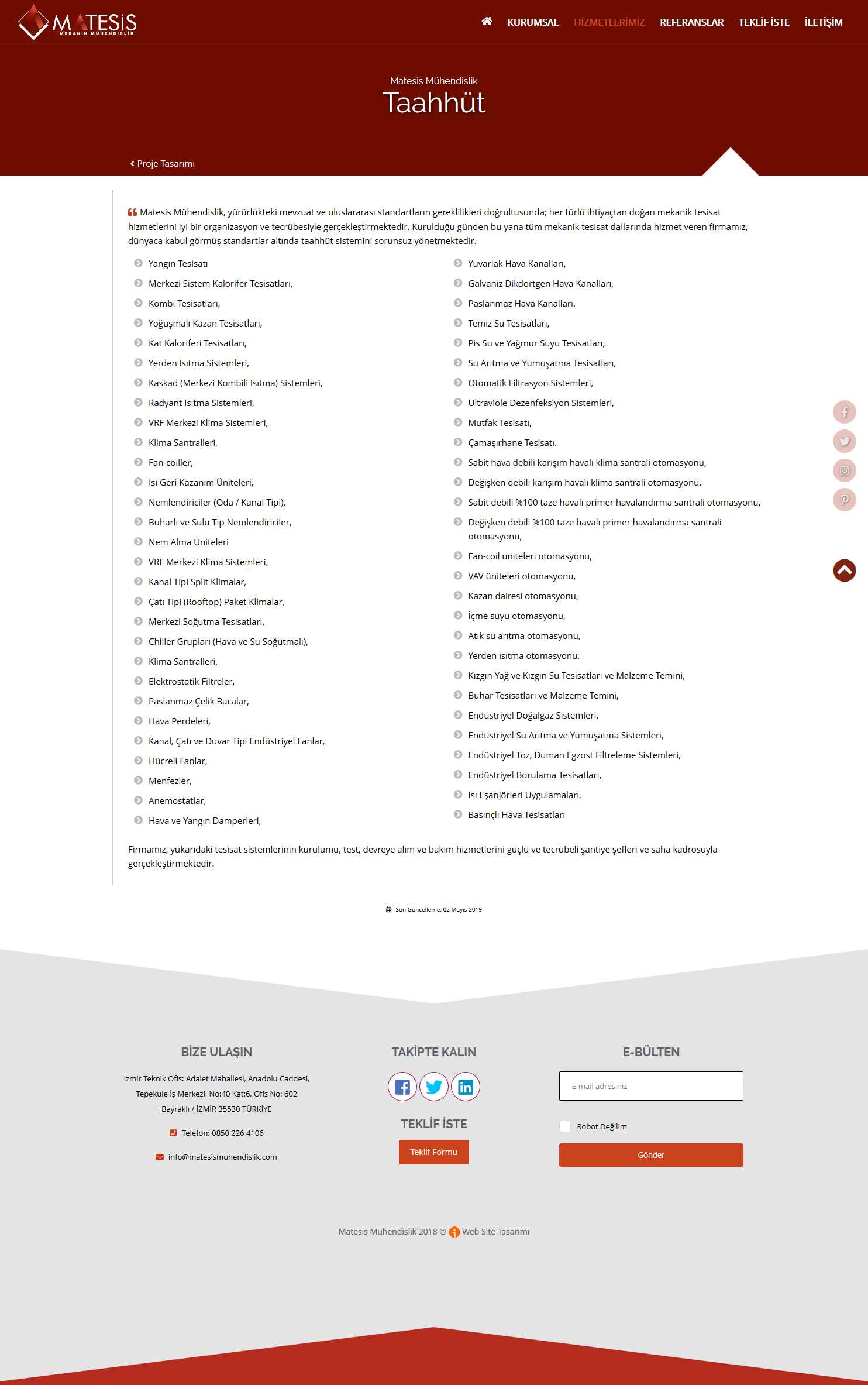 Matesis Mühendislik web sitesi hizmetlerimiz sayfası tasarımı